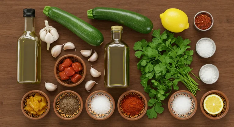 Top-down view of ingredients for Moroccan zucchini chermoula salad: zucchini, garlic, olive oil, cumin, paprika, preserved lemon, lemon, and fresh herbs.