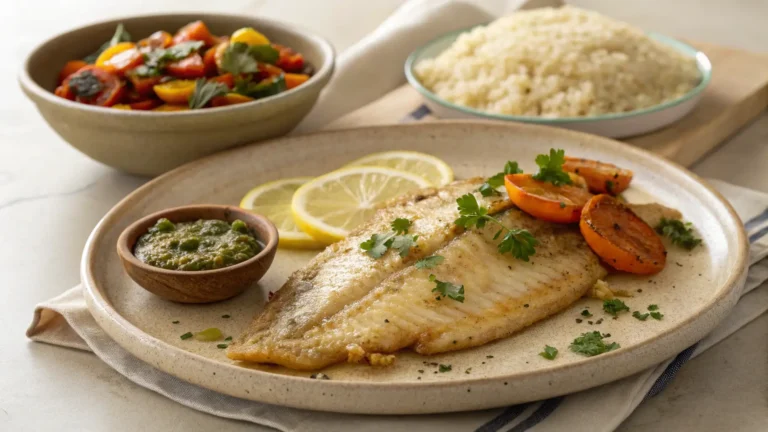 Baked flounder fillet served with grilled tomatoes, preserved lemon slices, Moroccan chermoula sauce, and couscous on a ceramic plate.