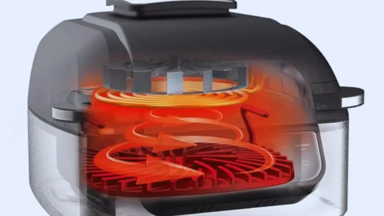 A cutaway illustration of the Ninja AG301 showing cyclonic air circulation technology, with glowing heating coils and fan system creating high-temperature airflow for grilling.