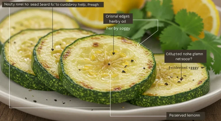 Close-up of sautéed zucchini slice with golden sear, glistening with olive oil and herbs, showcasing ideal texture for Moroccan chermoula salad.