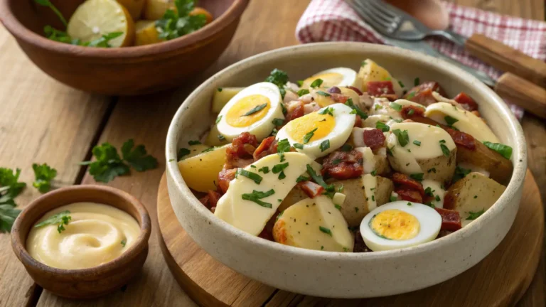 Overhead shot of Moroccan-style potato salad with bacon and egg, coated in creamy dressing, garnished with parsley and surrounded by mustard, lemon wedges, and yogurt on a wooden table.