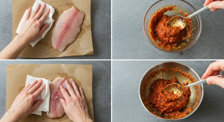 Collage showing preparation of Moroccan baked tilapia: drying raw tilapia fillets and mixing tomato-spice marinade in a bowl.