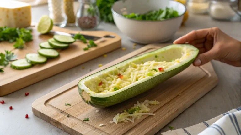 Hand holding a zucchini boat filled with grated vegetables and spices, ready for stuffing