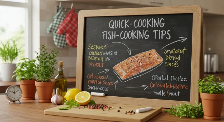 Kitchen chalkboard with fish-cooking tips illustrated around a salmon fillet sketch, surrounded by herbs, garlic, lemon, and olive oil.