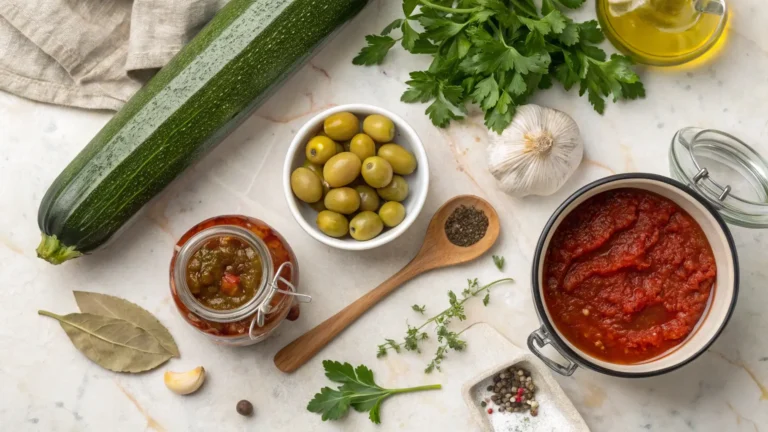 Flat lay of ingredients for slow cooked zucchini: fresh zucchini, tomato sauce, green olives, herbs, garlic, and spices.
