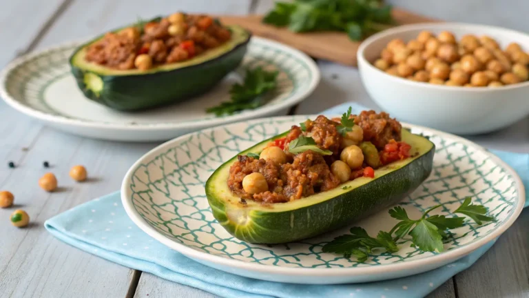 Moroccan-style zucchini boat stuffed with spiced meat and chickpeas, served on a patterned plate with parsley garnish