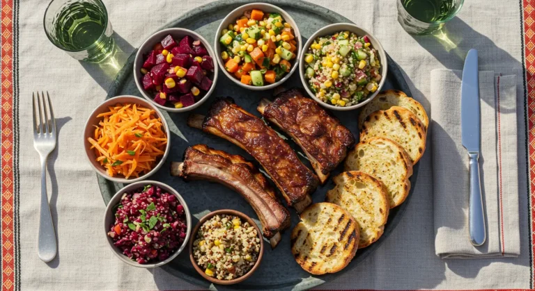 Classic BBQ Ribs served with Moroccan-style side salads, grilled bread, and refreshing summer presentation