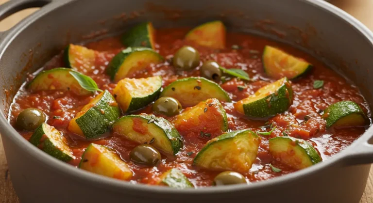 Rustic bowl of slow cooked zucchini in tomato sauce with olives and parsley, served with fresh bread.