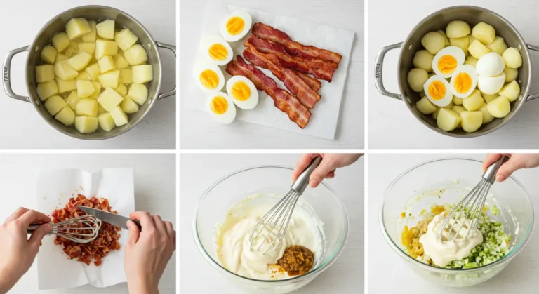 Step-by-step collage of making Moroccan-style potato salad with beef bacon and egg: boiling potatoes, boiling eggs, frying bacon, mixing creamy dressing with spices, and folding ingredients together.