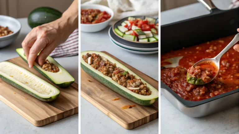 Step-by-step images showing how to prepare Moroccan stuffed zucchini — hollowing, filling with spiced meat, and cooking in tomato sauce