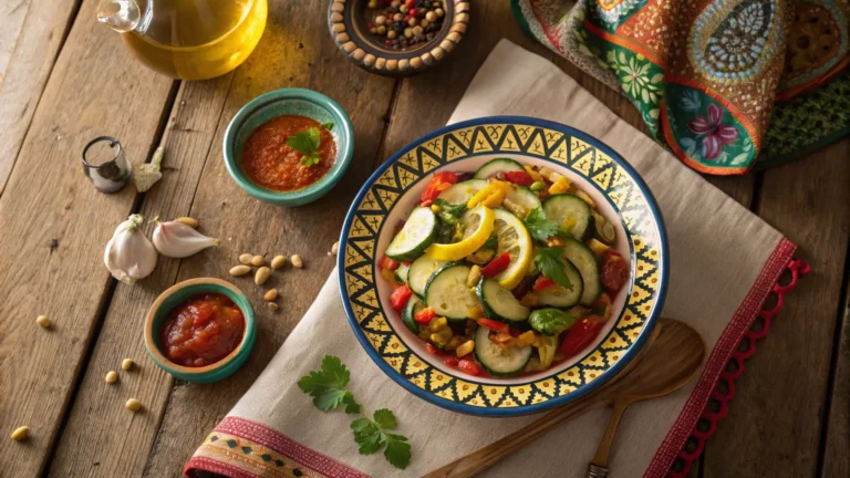 Moroccan zucchini salad with colorful peppers, pine nuts, and herbs in a traditional ceramic bowl