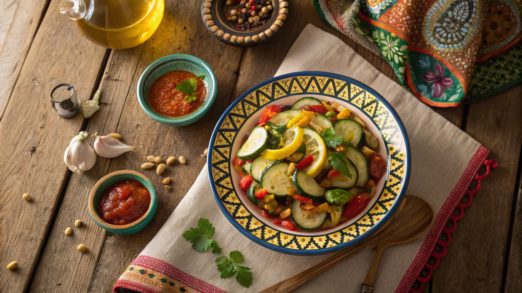 Moroccan Zucchini Recipes salad with colorful peppers, pine nuts, and herbs in a traditional ceramic bowl