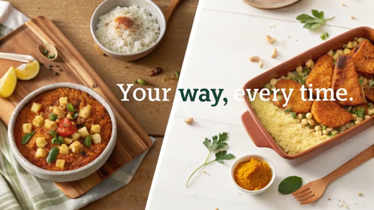 Split scene showing two Moroccan-inspired dishes: traditional tomato-based stew with diced vegetables on the left, and modern couscous with roasted sweet potatoes and chickpeas on the right.