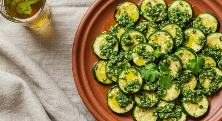 Top-down view of Moroccan zucchini chermoula salad with green sauce and olive oil, served on terracotta plate, mint tea in background.
