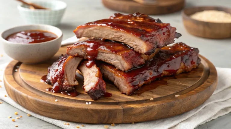 Juicy Classic BBQ Ribs glazed with homemade sauce on a wooden board